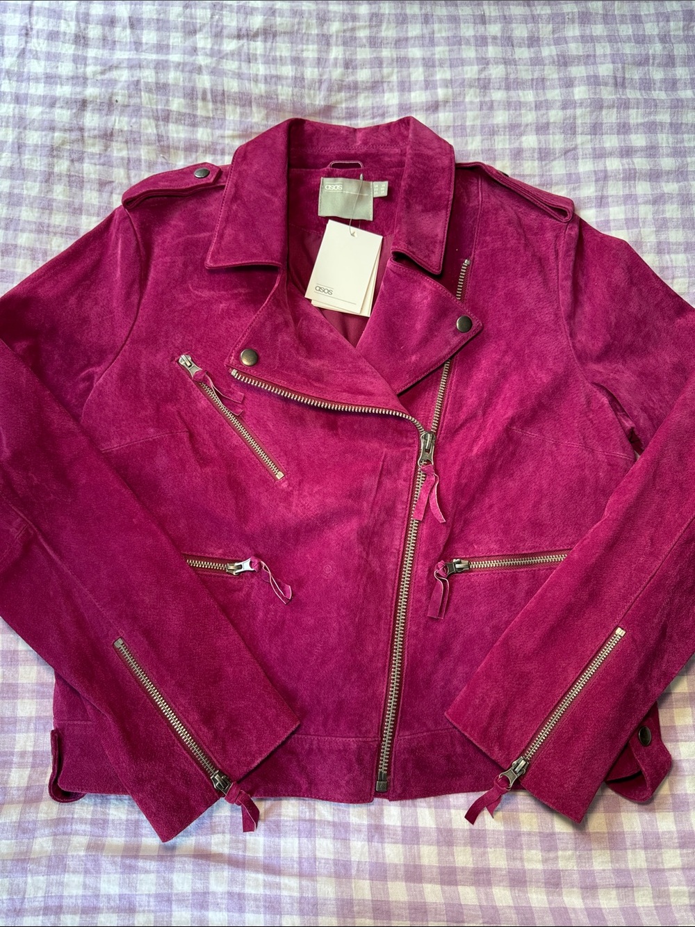 ASOS Women's Magenta Real Suede Moto Jacket